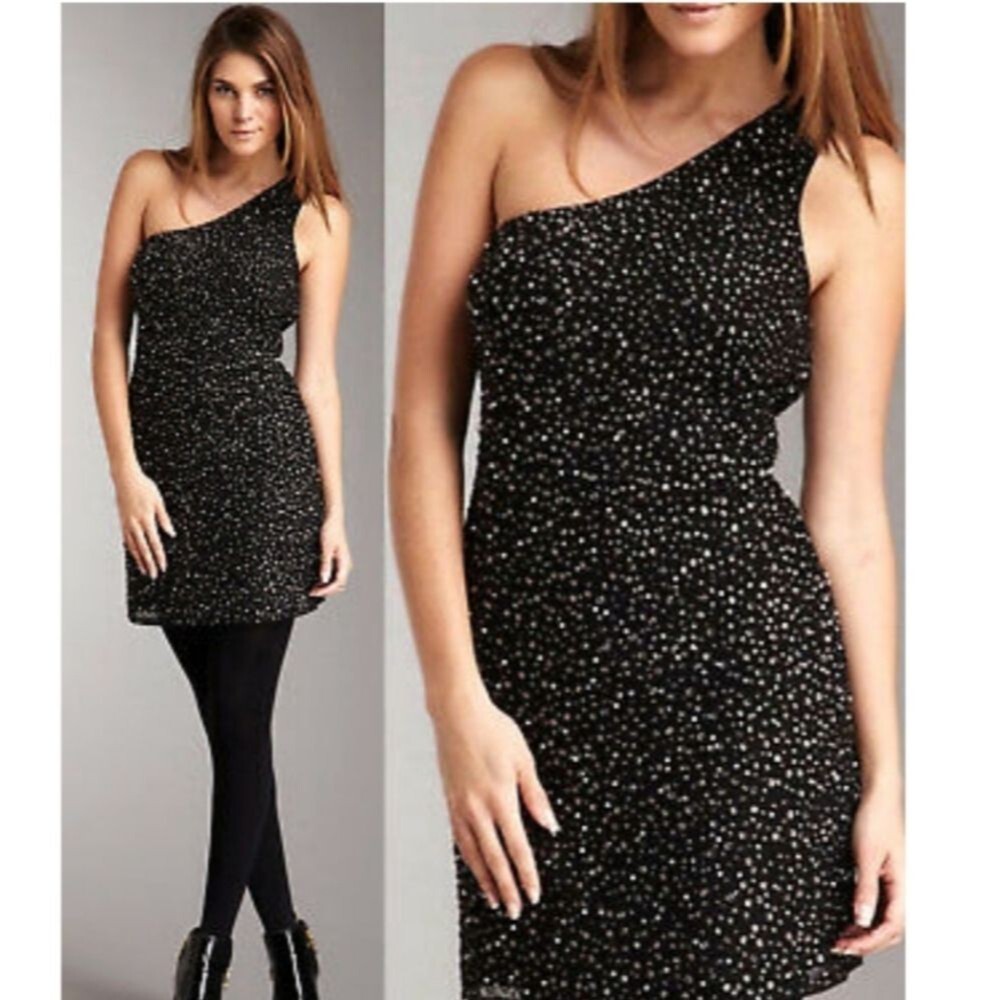 NEW French Connection Starstruck Asymmetric Studded Dress - Size 8 - Black Metal